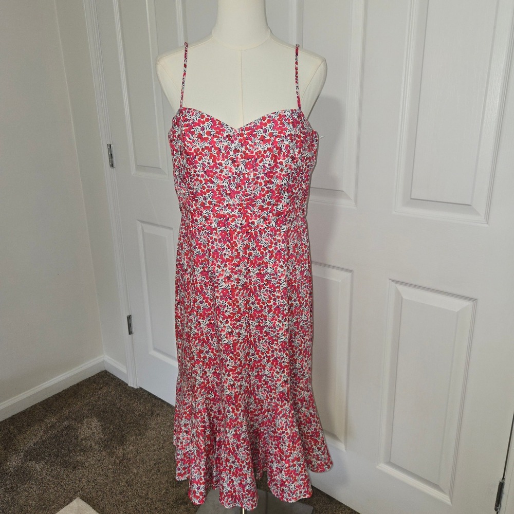 J.Crew Midi Dress Womens 10 Pink Red Floral Liberty Fabric Ruffle Sweetheart